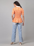 Floral Printed Summer Short Puff Sleeves Viscose Top - Marigold Orange