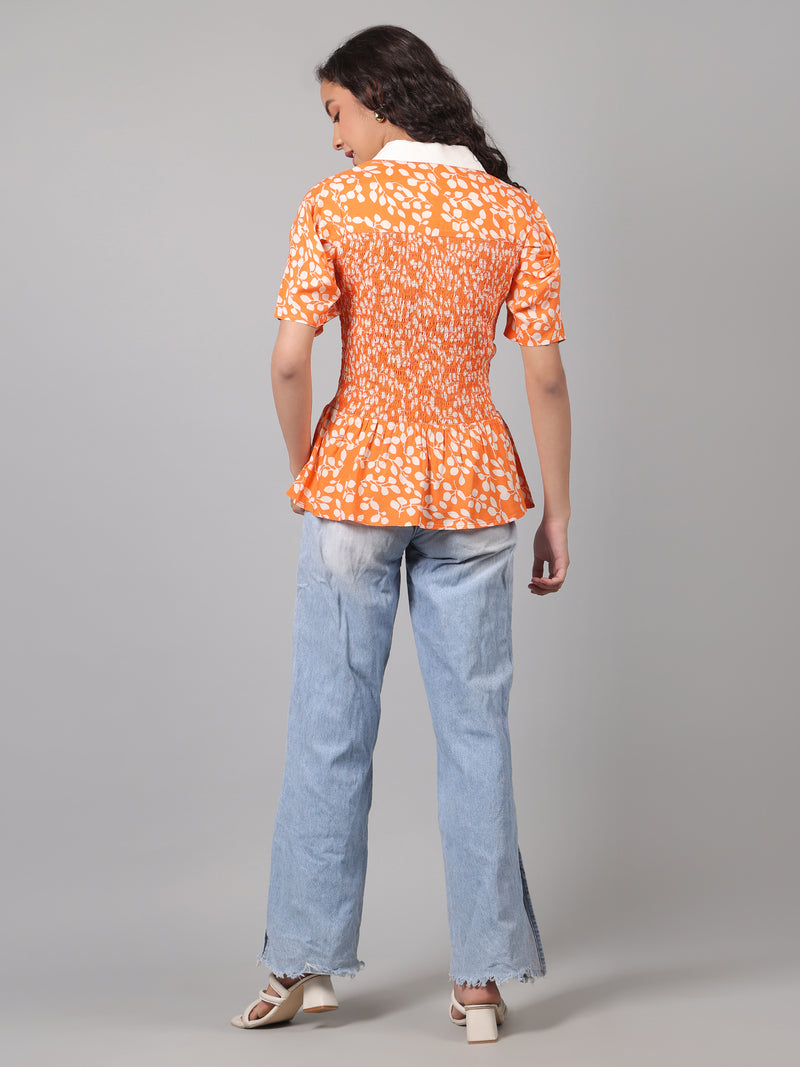 Floral Printed Summer Short Puff Sleeves Viscose Top - Marigold Orange