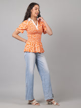 Floral Printed Summer Short Puff Sleeves Viscose Top - Marigold Orange