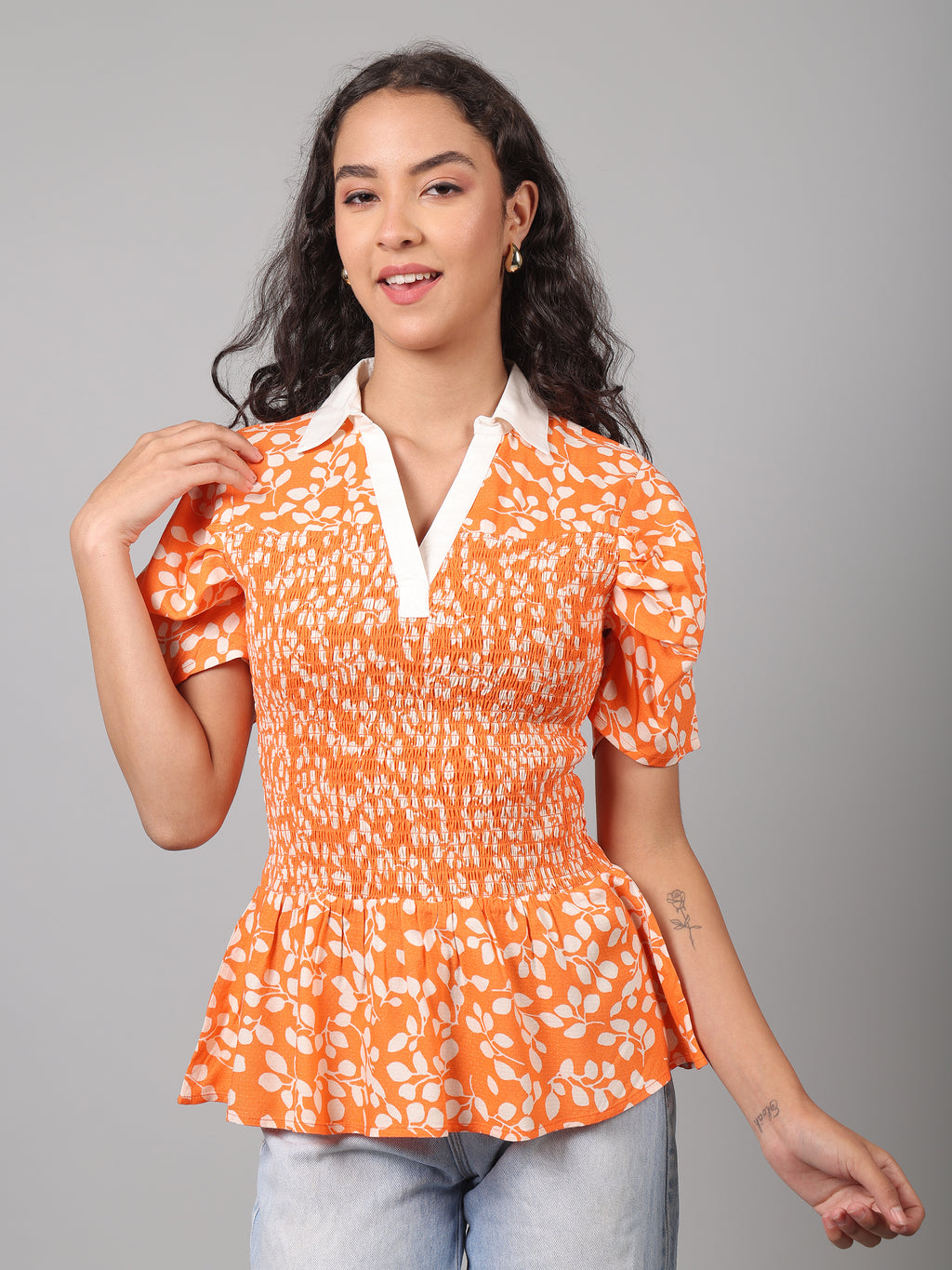 Floral Printed Summer Short Puff Sleeves Viscose Top - Marigold Orange