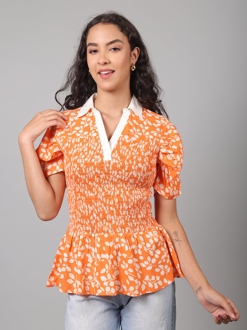 Floral Printed Summer Short Puff Sleeves Viscose Top - Marigold Orange