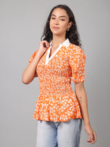 Floral Printed Summer Short Puff Sleeves Viscose Top - Marigold Orange