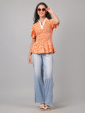 Floral Printed Summer Short Puff Sleeves Viscose Top - Marigold Orange