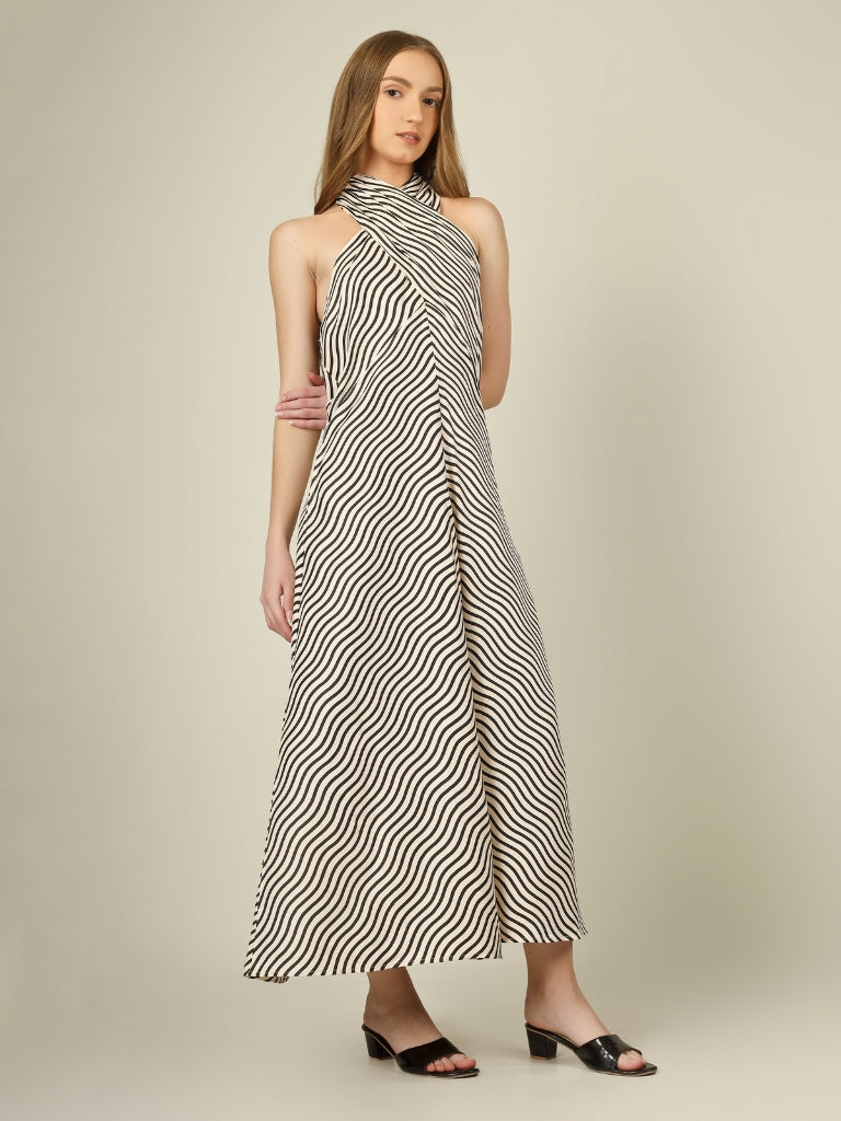 Monochrome Wave Halter Dress