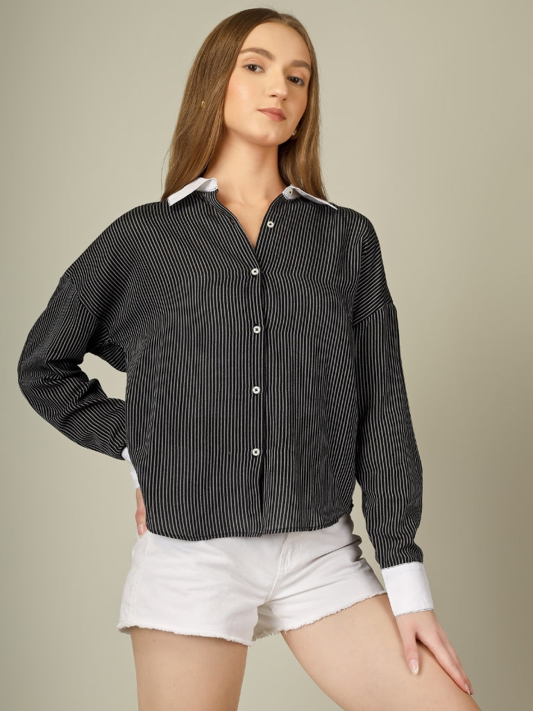 Contrast Collar Striped Button-Down Shirt