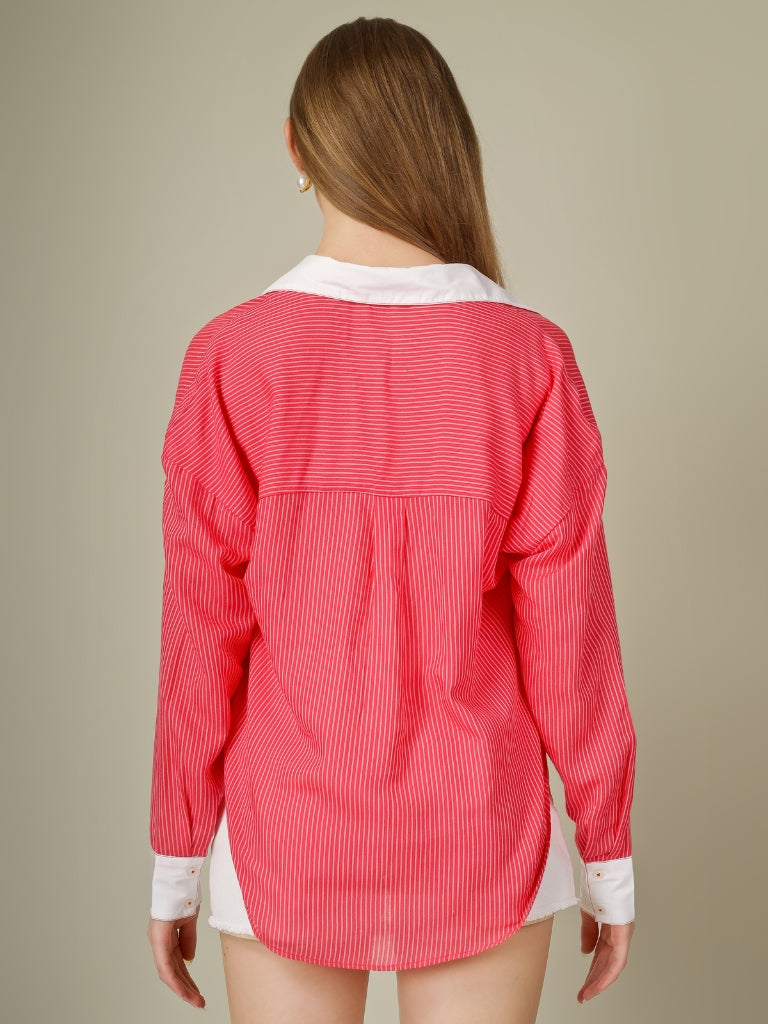 Contrast Collar Striped Button-Down Shirt