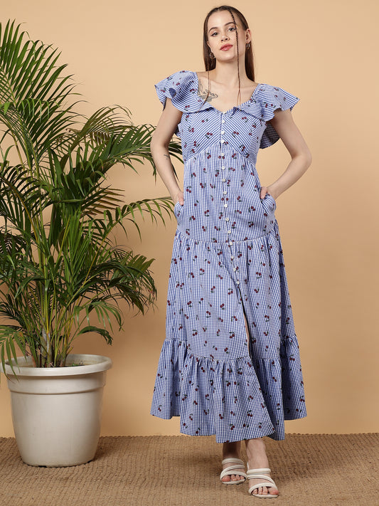 Checks With Cherry Printed Cotton Maxi Dress - Light Blue & White