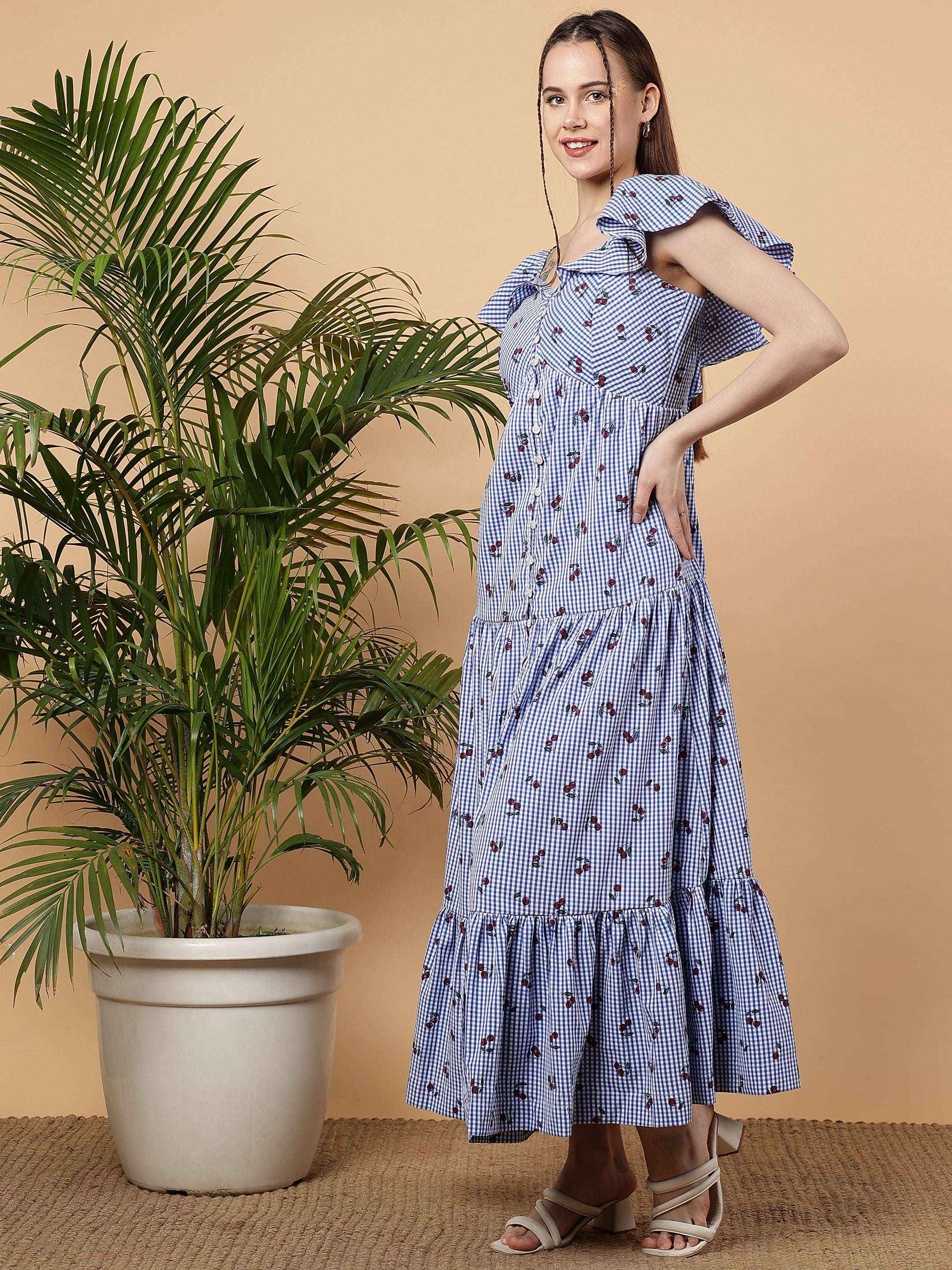 Georgina Dress - Gingham Sky Cherry Printed Cotton Maxi