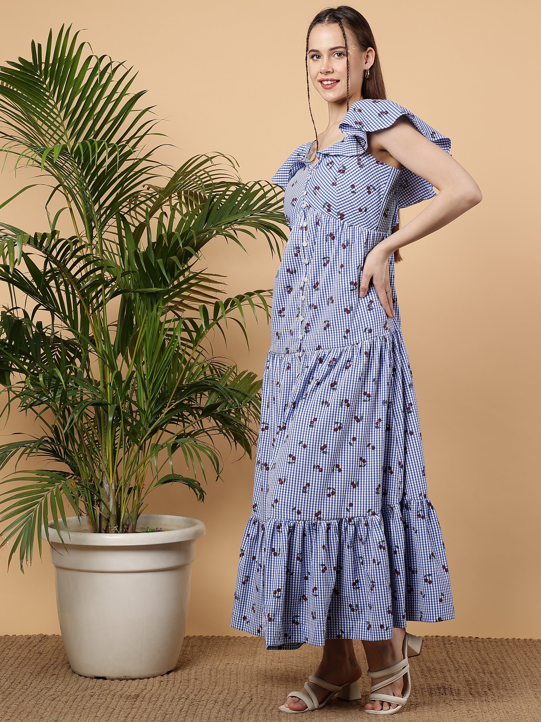 Checks With Cherry Printed Cotton Maxi Dress - Light Blue & White