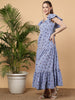 Checks With Cherry Printed Cotton Maxi Dress - Light Blue & White