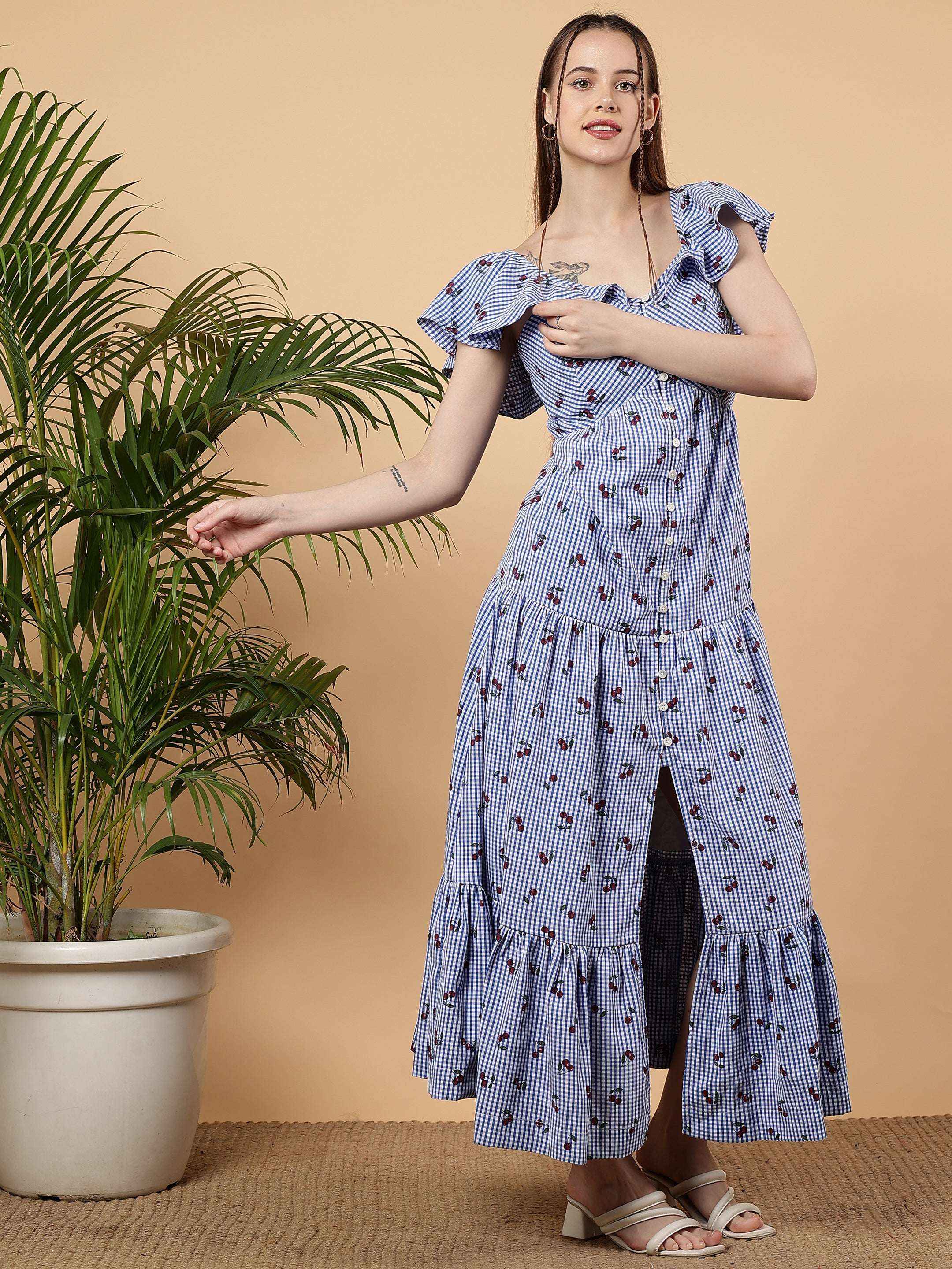 Georgina Dress - Gingham Sky Cherry Printed Cotton Maxi