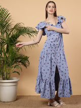 Checks With Cherry Printed Cotton Maxi Dress - Light Blue & White