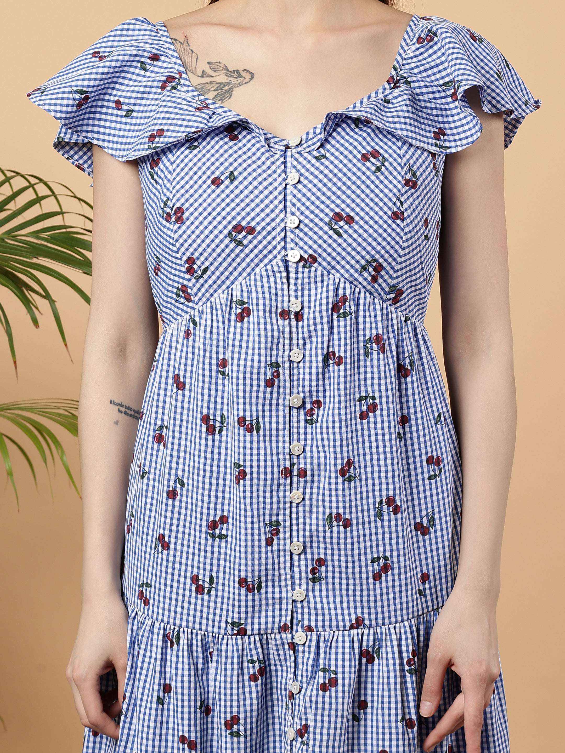 Georgina Dress - Gingham Sky Cherry Printed Cotton Maxi