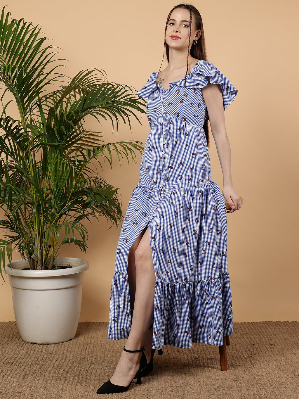 Georgina Dress - Gingham Sky Cherry Printed Cotton Maxi