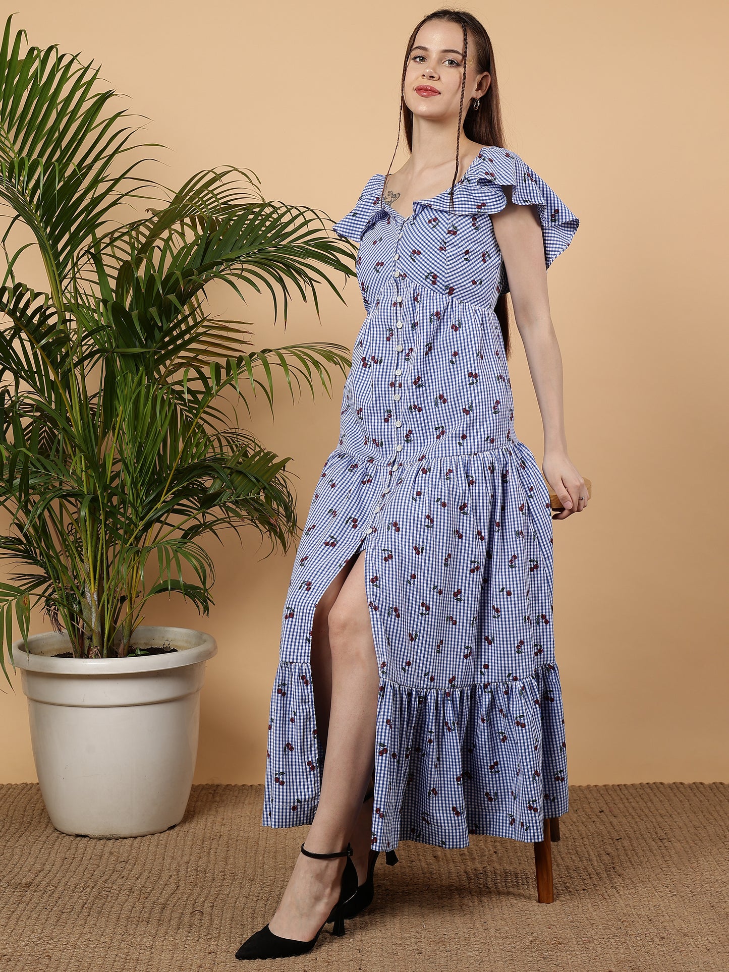 Checks With Cherry Printed Cotton Maxi Dress - Light Blue & White