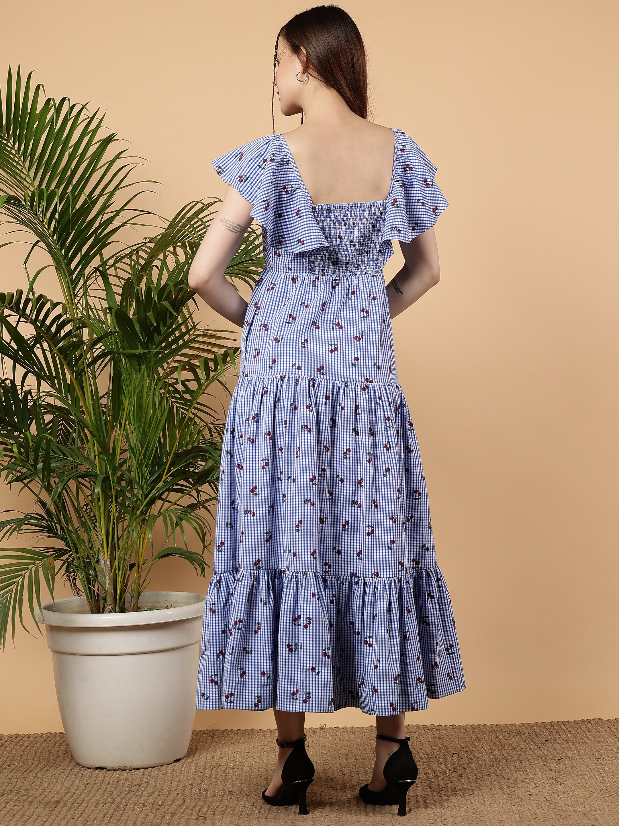 Georgina Dress - Gingham Sky Cherry Printed Cotton Maxi