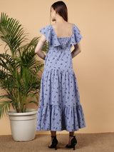 Checks With Cherry Printed Cotton Maxi Dress - Light Blue & White