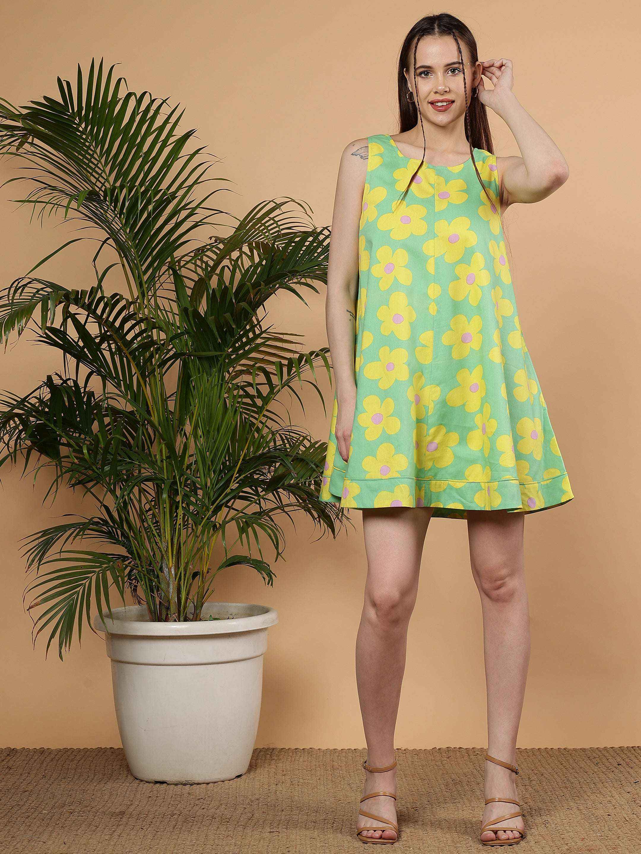 Floral Printed Cotton Summer Dress, Mint Bloom