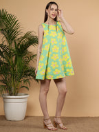 Floral Printed Cotton Summer Dress, Mint Bloom