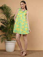 Floral Printed Cotton Summer Dress, Mint Bloom