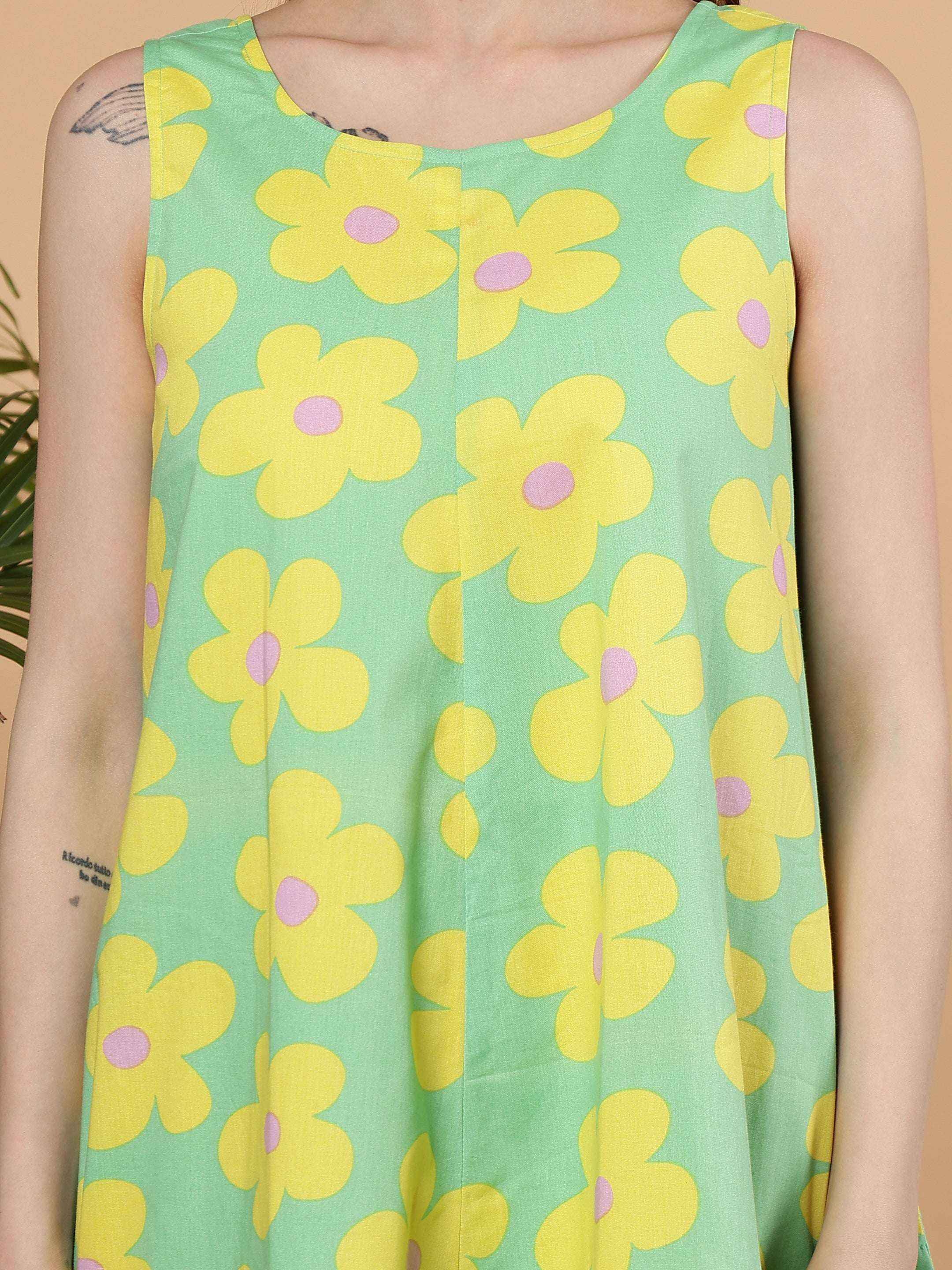 Floral Printed Cotton Summer Dress, Mint Bloom