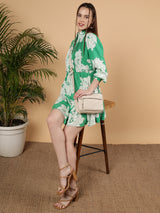 Floral Printed Full Sleeve Summer Viscose Dress - Emerald Bloom