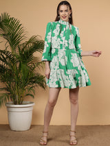 Floral Printed Full Sleeve Summer Viscose Dress - Emerald Bloom