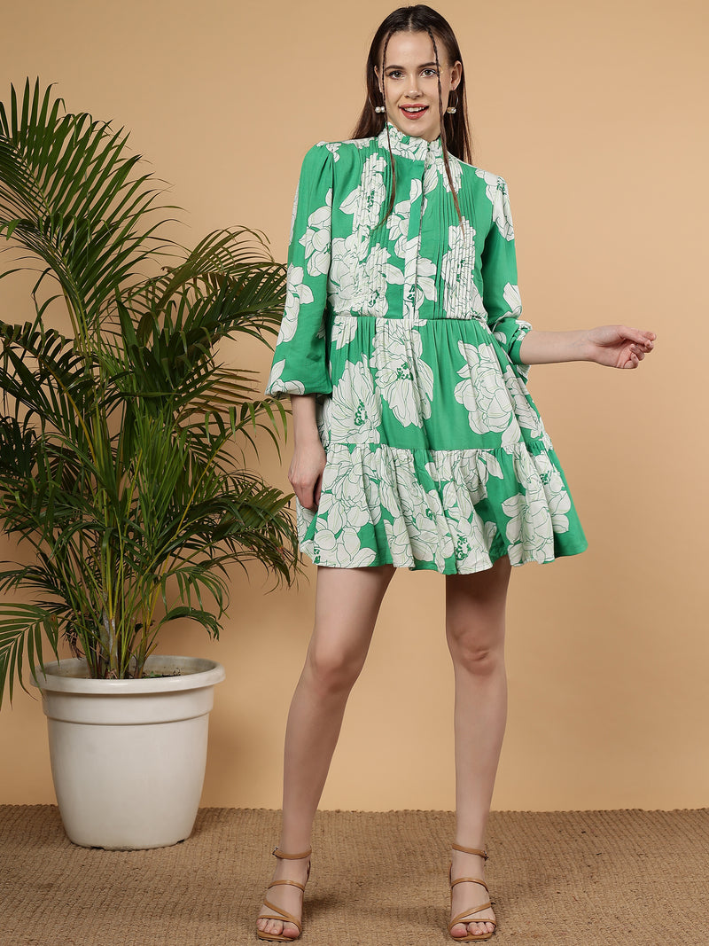 Floral Printed Full Sleeve Summer Viscose Dress - Emerald Bloom