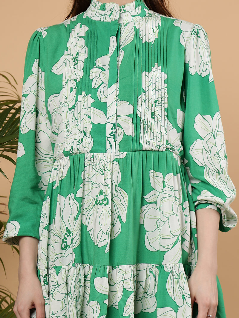 Floral Printed Full Sleeve Summer Viscose Dress - Emerald Bloom