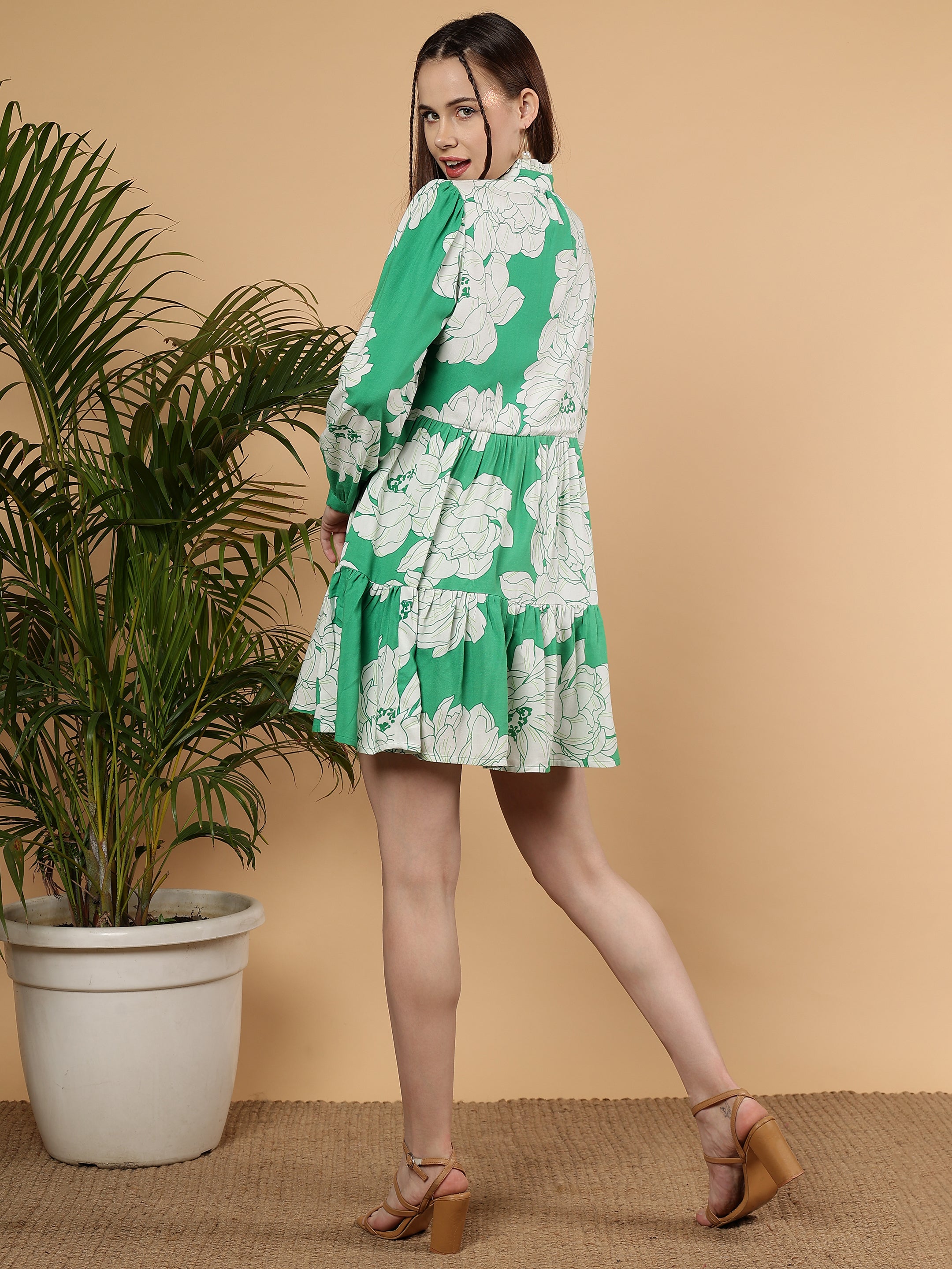 Floral Printed Full Sleeve Summer Viscose Dress - Emerald Bloom