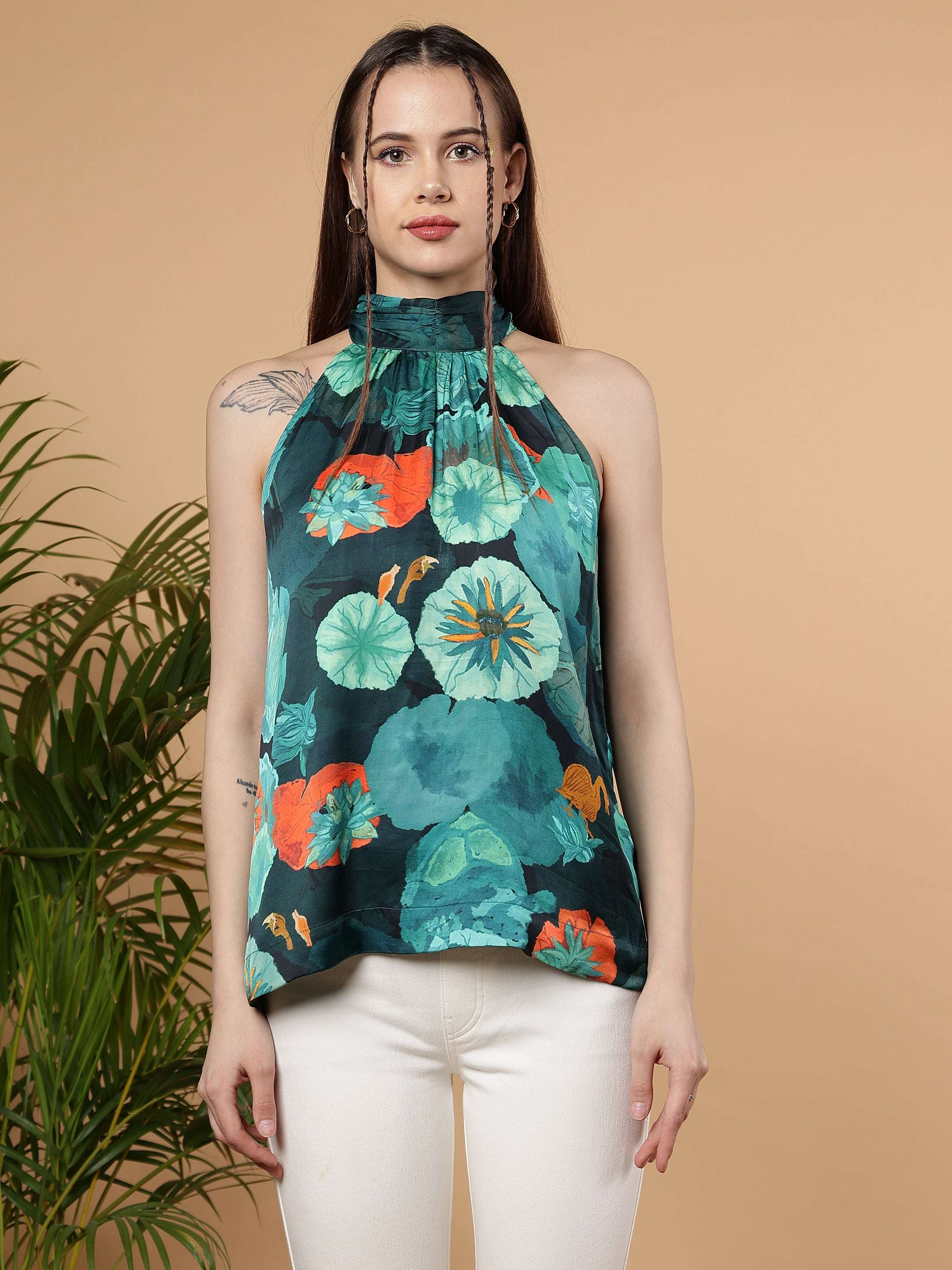 Floral Printed Casual Summer Halter Neck Top - Multicolor
