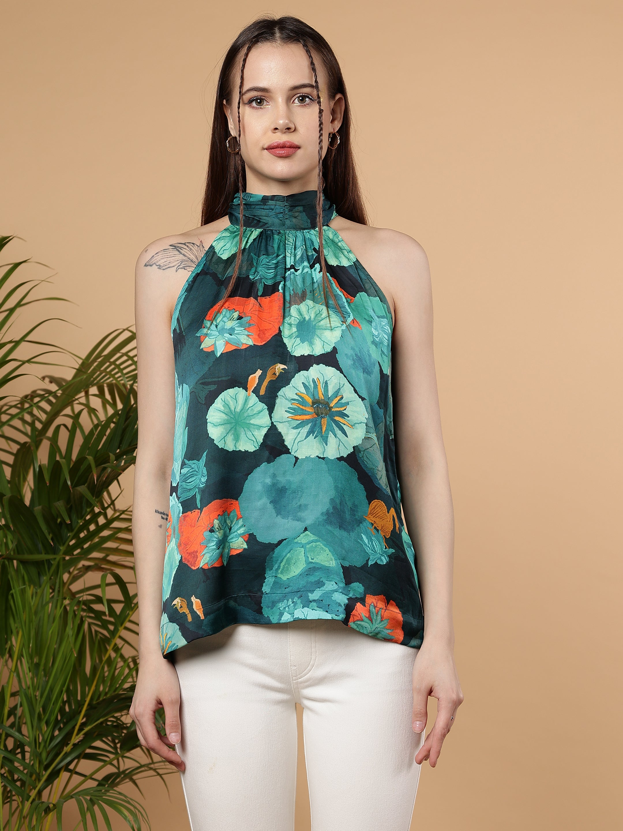 Floral Printed Casual Summer Halter Neck Top - Multicolor