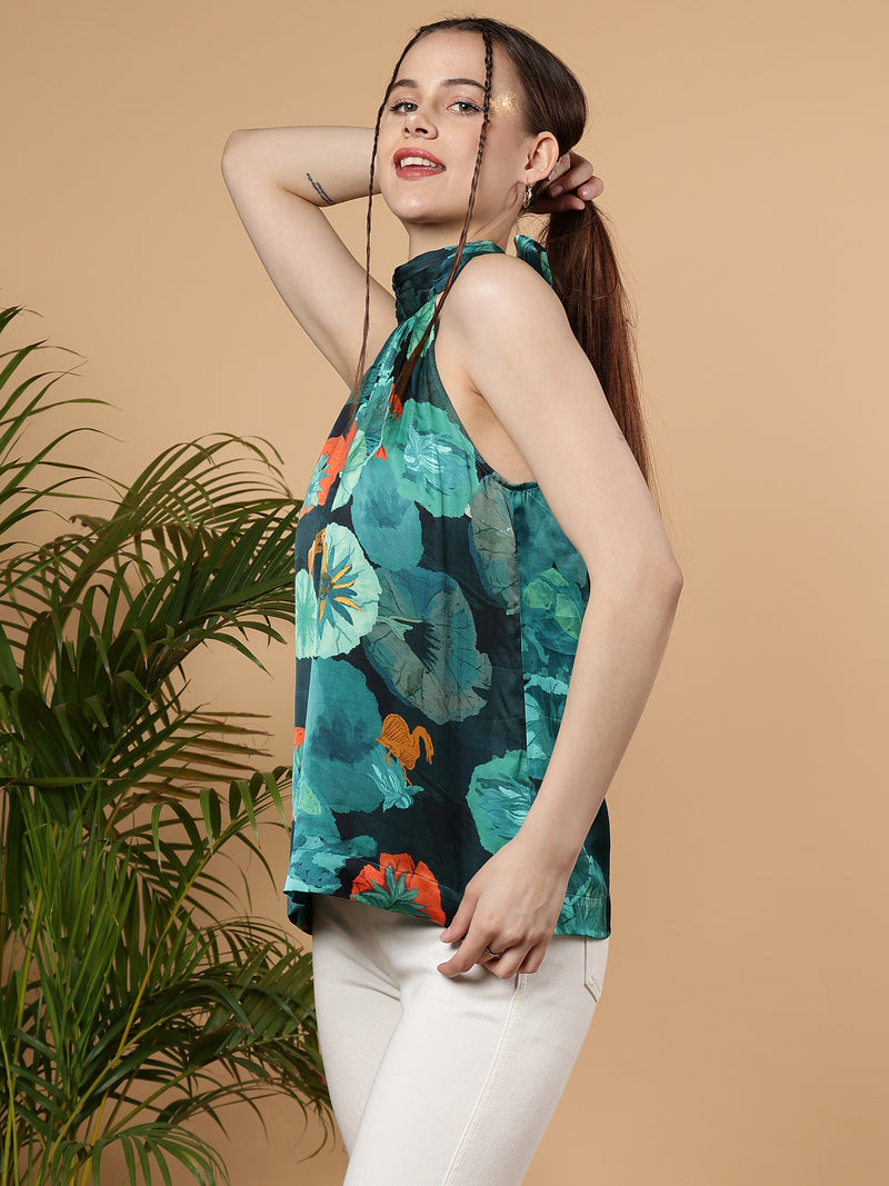 Floral Printed Casual Summer Halter Neck Top - Multicolor
