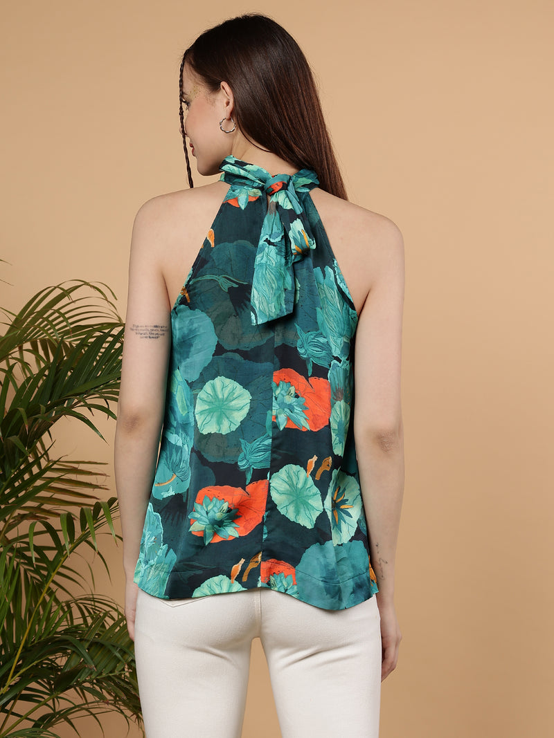 Floral Printed Casual Summer Halter Neck Top - Multicolor