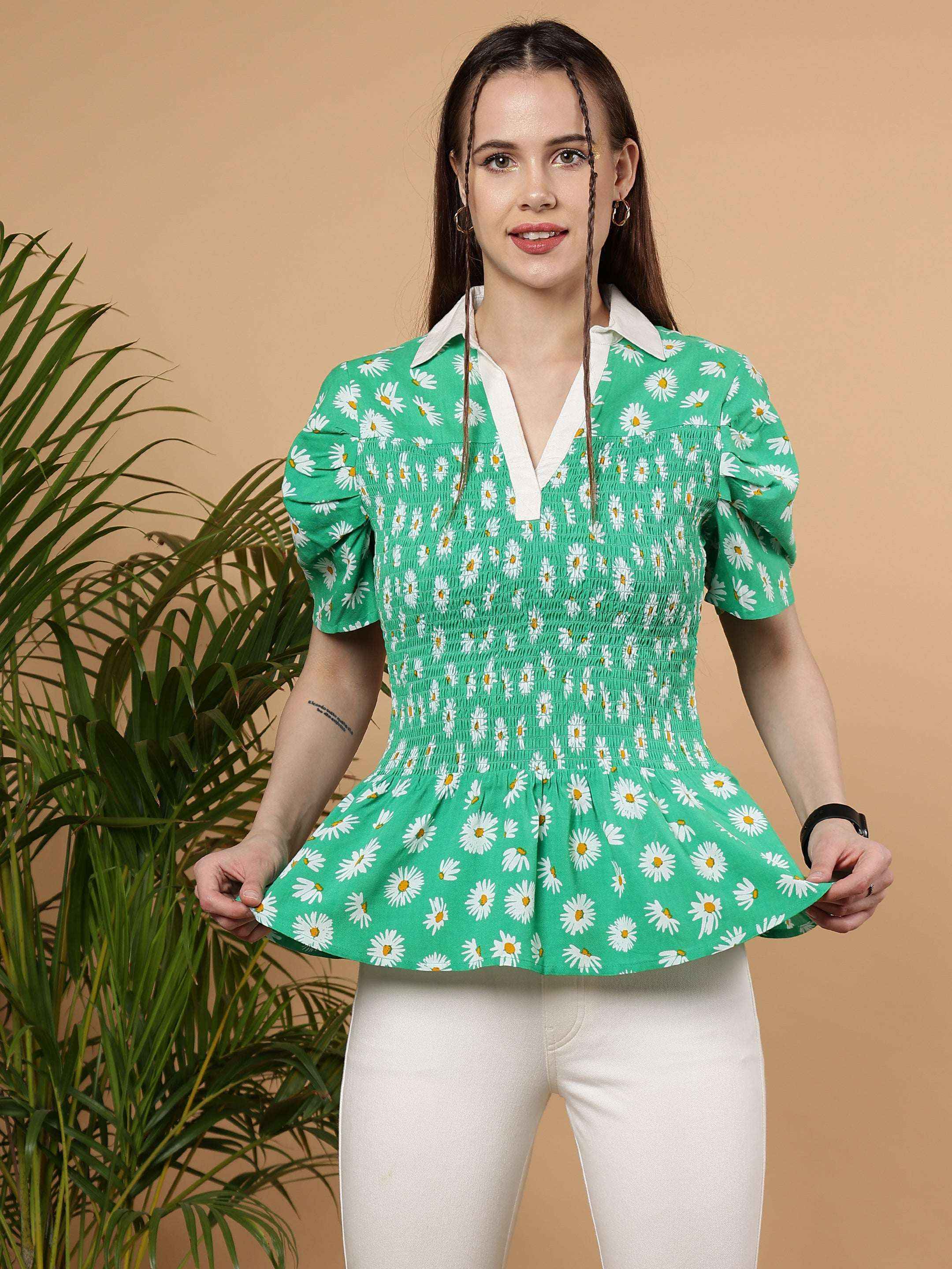 Daisy Days Smocked Peplum Top — Summer Green Viscose