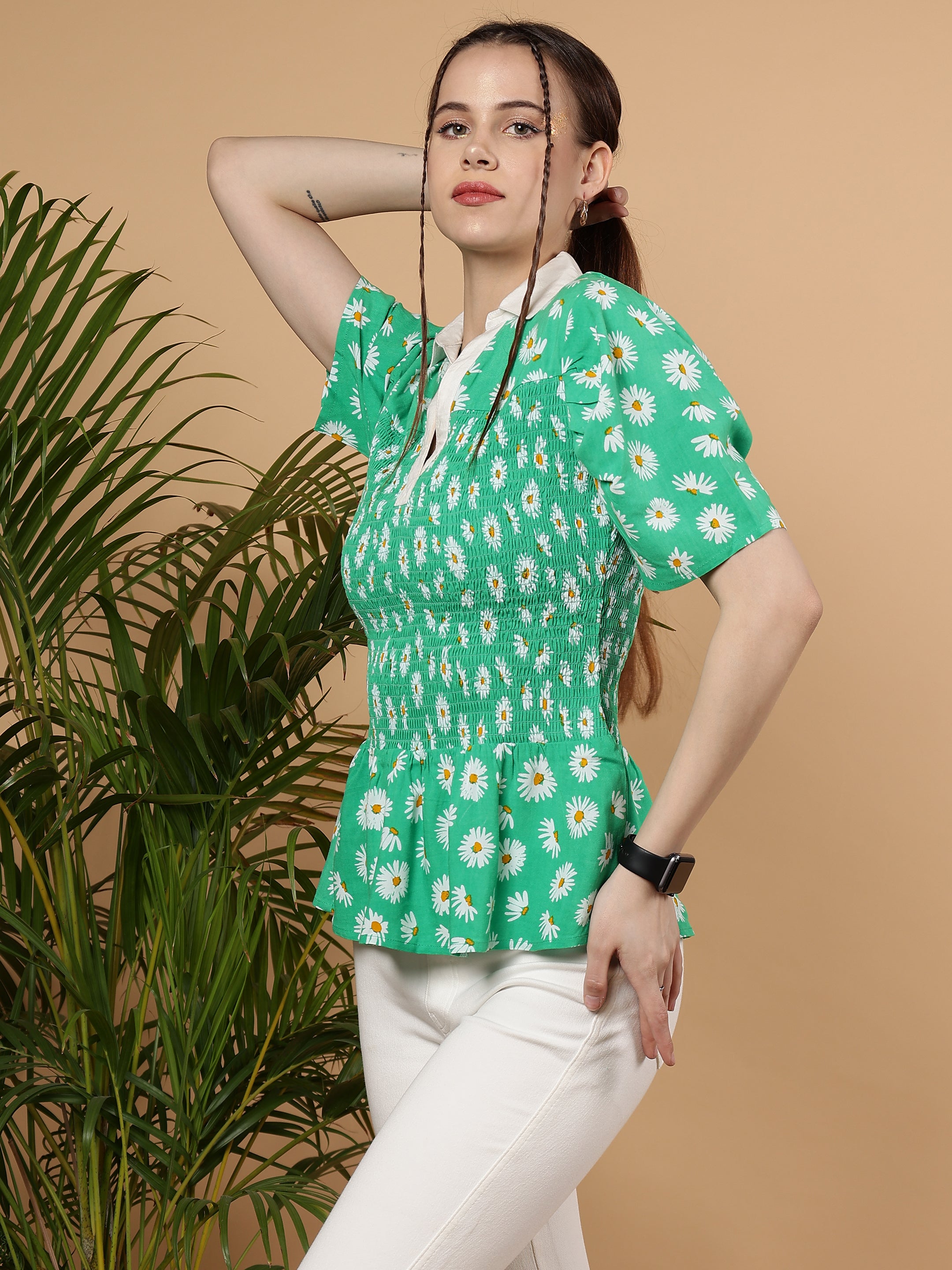 Daisy Days Smocked Peplum Top — Summer Green Viscose