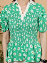 Floral Printed Summer Short Puff Sleeves Viscose Top