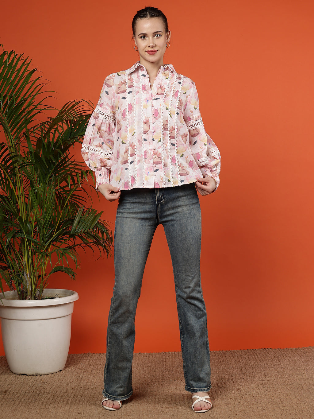 Floral Printed Puff Sleeves Cotton Shirt - Ivory