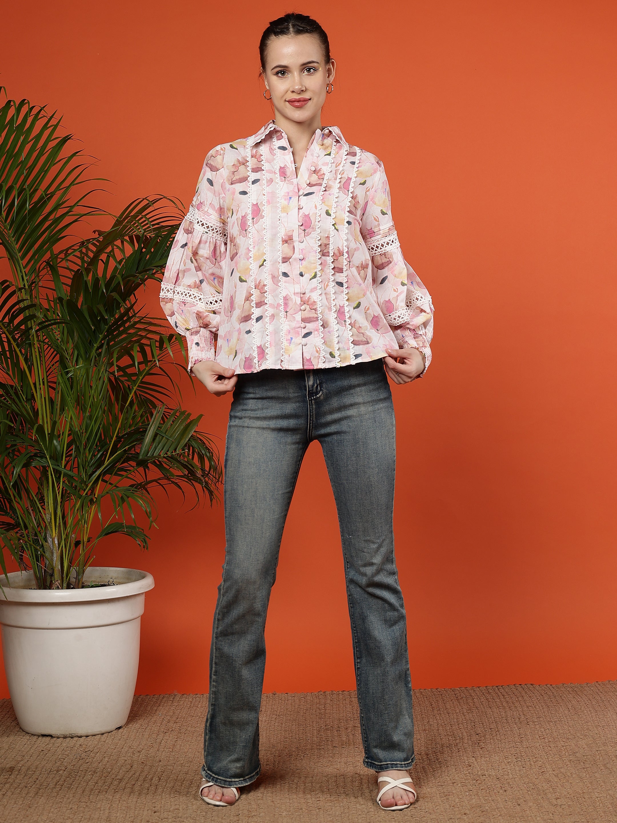 Floral Printed Puff Sleeves Cotton Shirt - Ivory
