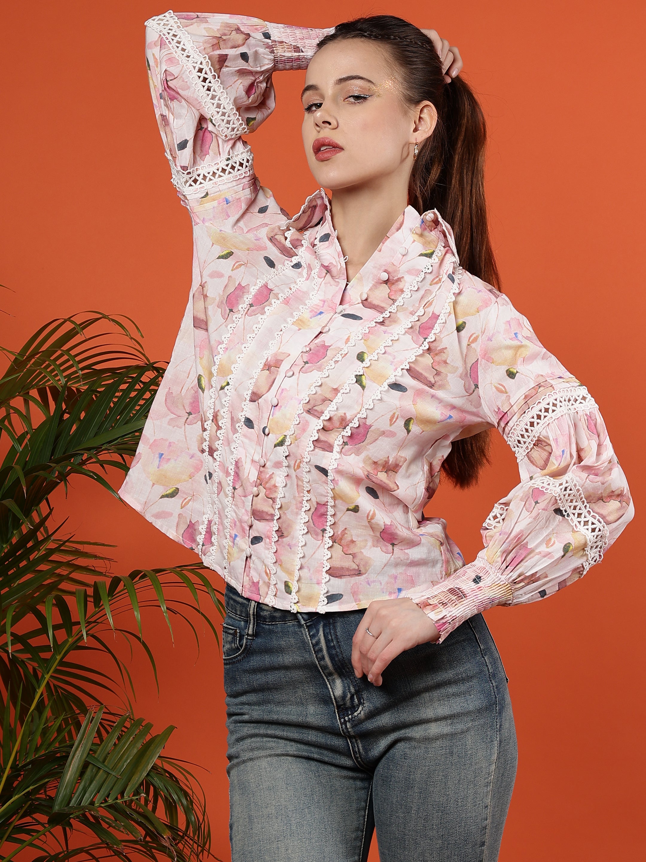 Floral Printed Puff Sleeves Cotton Shirt - Ivory