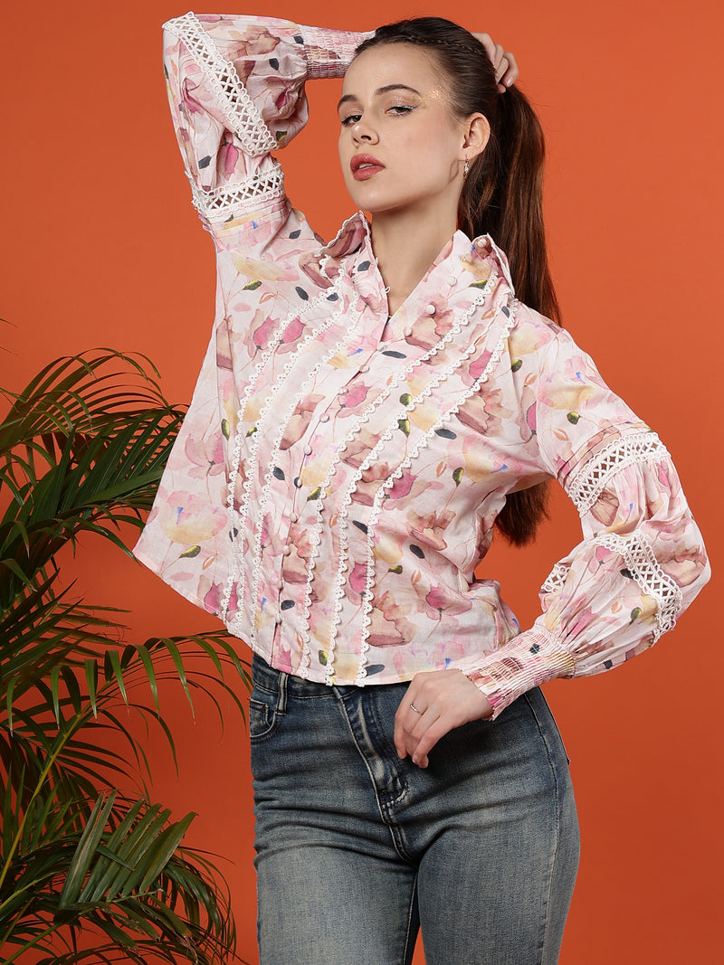 Floral Printed Puff Sleeves Cotton Shirt - Ivory
