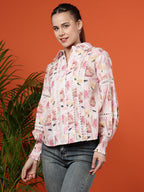 Floral Printed Puff Sleeves Cotton Shirt - Ivory