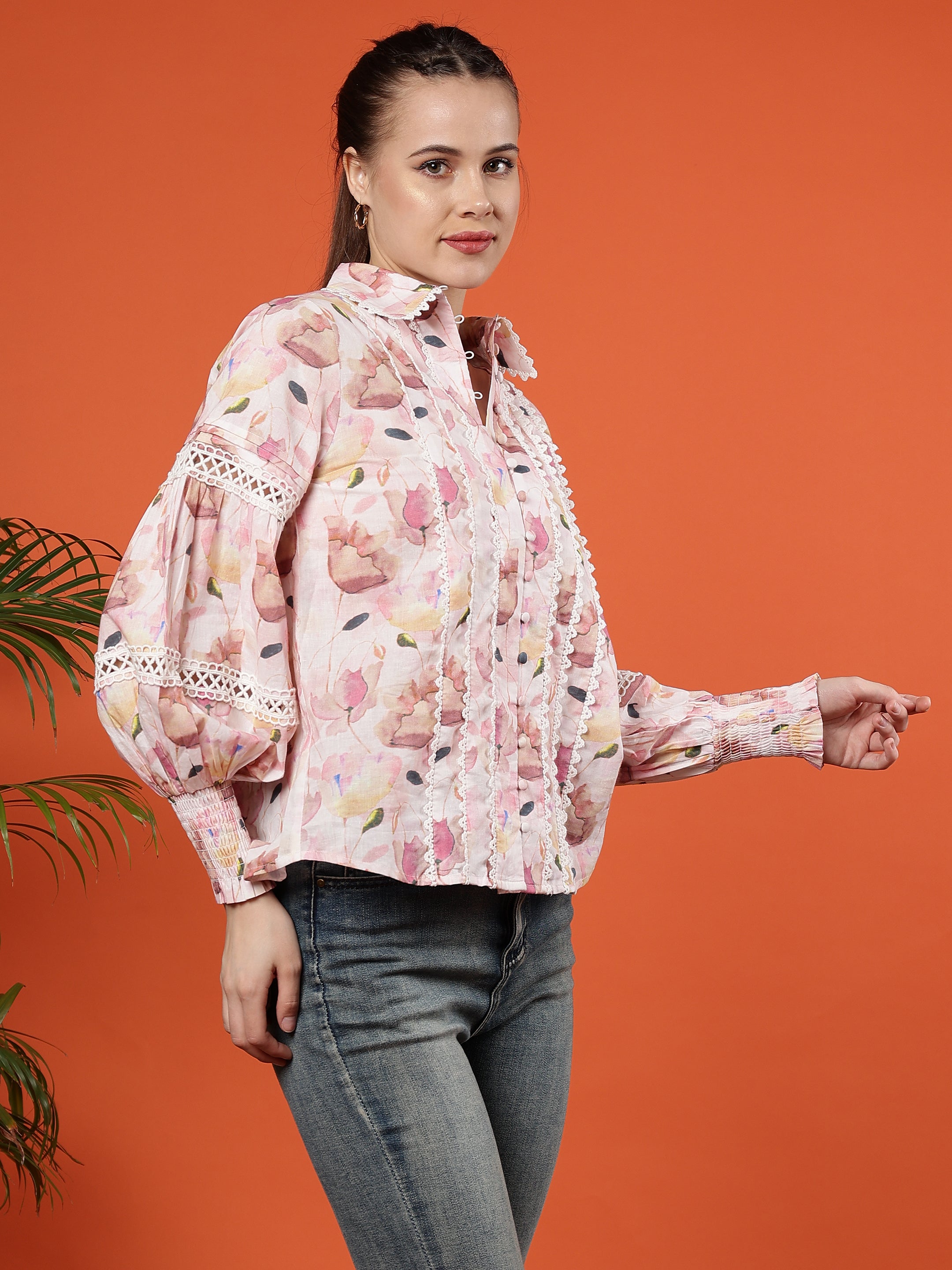 Floral Printed Puff Sleeves Cotton Shirt - Ivory