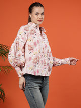 Floral Printed Puff Sleeves Cotton Shirt - Ivory