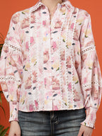 Floral Printed Puff Sleeves Cotton Shirt - Ivory