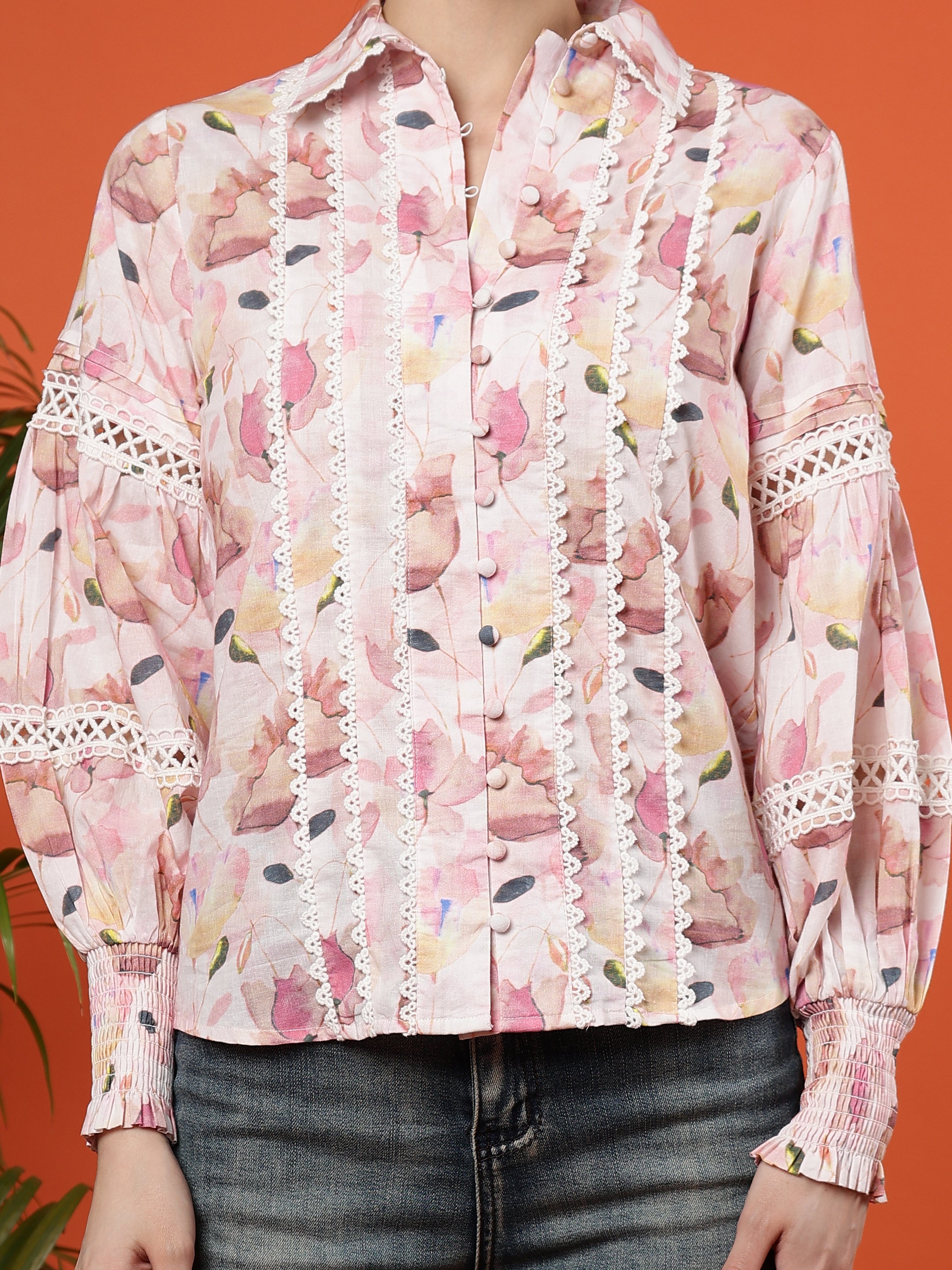 Floral Printed Puff Sleeves Cotton Shirt - Ivory