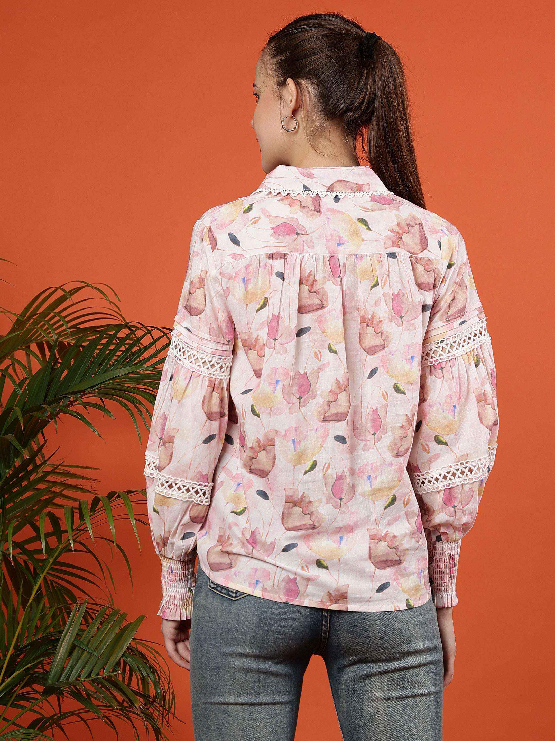 Floral Printed Puff Sleeves Cotton Shirt - Ivory