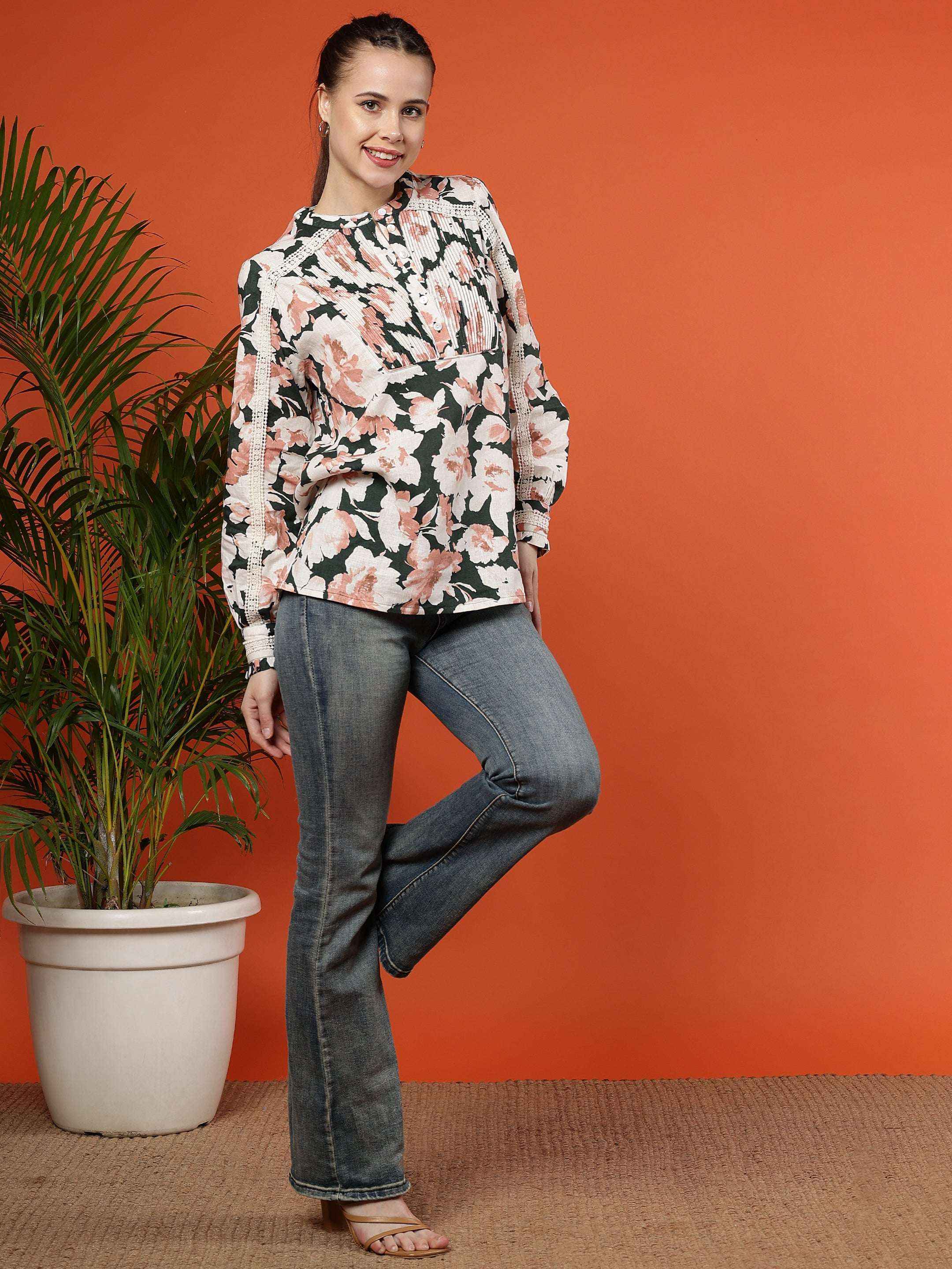 Floral Print Long Sleeves Cotton Willow Bloom Blouse - Coral