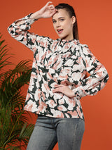 Floral Print Long Sleeves Cotton Willow Bloom Blouse - Coral