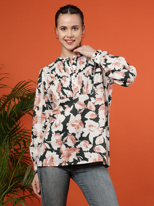 Floral Print Long Sleeves Cotton Willow Bloom Blouse - Coral